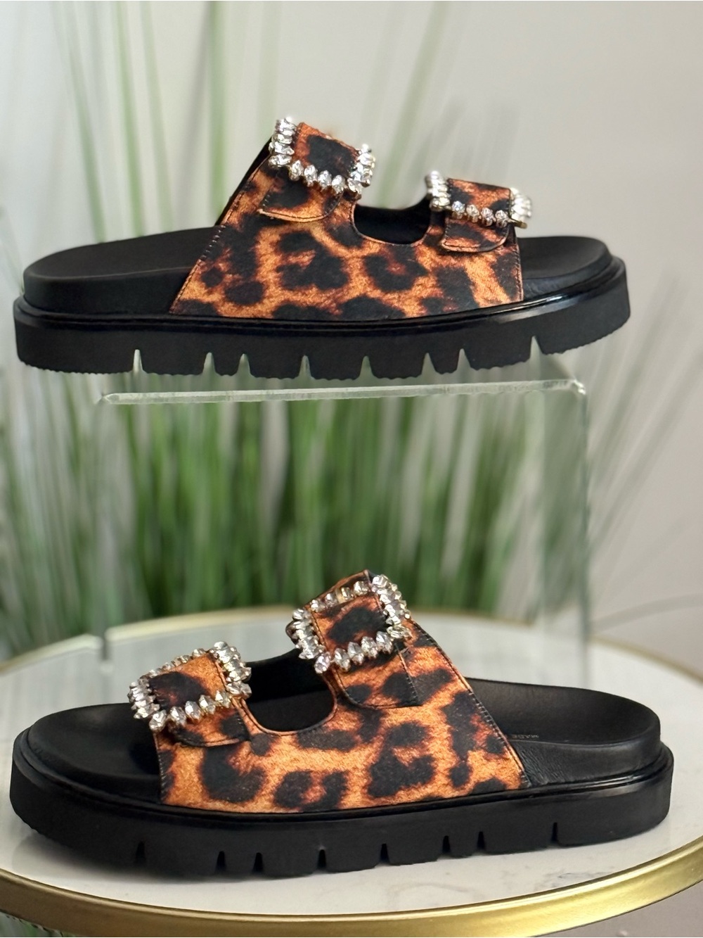 Jon Josef Women's Leopard Print Slide Sandals with Crystal Buckles